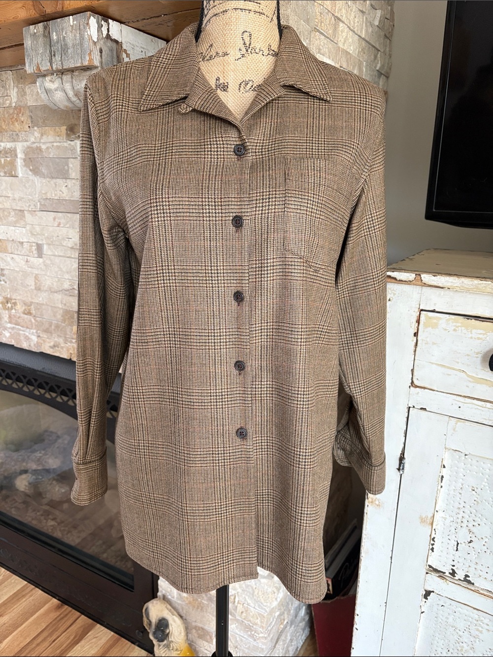 Ralph Lauren 100% wool-brown houndstooth button down shirt jacket elbow patches